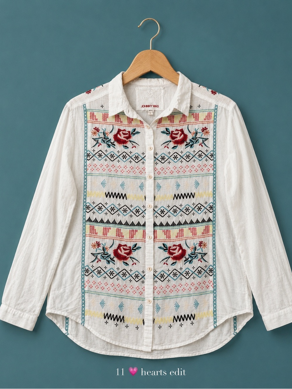 Johnny Was 3J Workshop Embroidered Floral Cotton Top Tunic Button Down Sz S